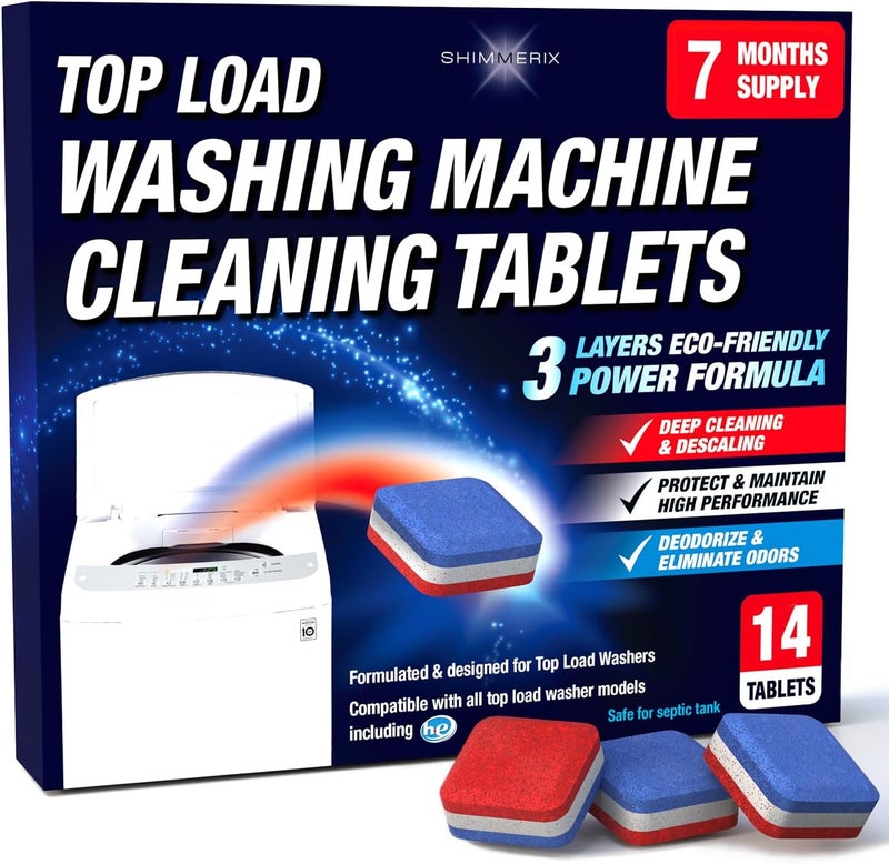SHIMMERIX Washing Machine Cleaner Tablets 14 Pack for HE Top Load - Eco Friendly Washer Machine Cleaning Tablets - 3 Layers Septic Safe Wash Machine Full Deodorizer Descaler Protector - 1 Plus Year Supply - Image 1